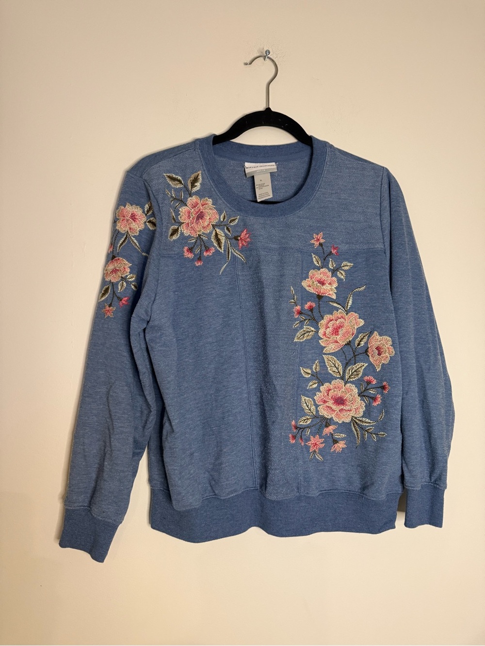 Alfred Dunner Blue Crewneck Sweatshirt with Pink Floral Embroidery